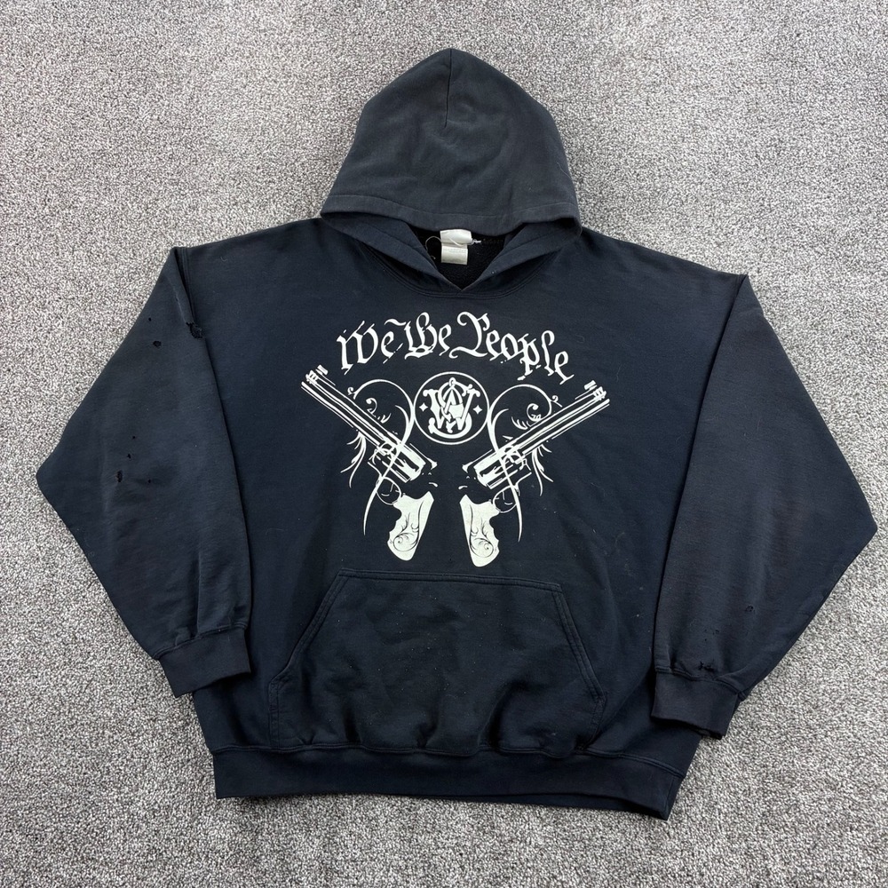 Vintage Smith & Wesson Hoodie Mens XL Black We The People Gun Graphic Distressed